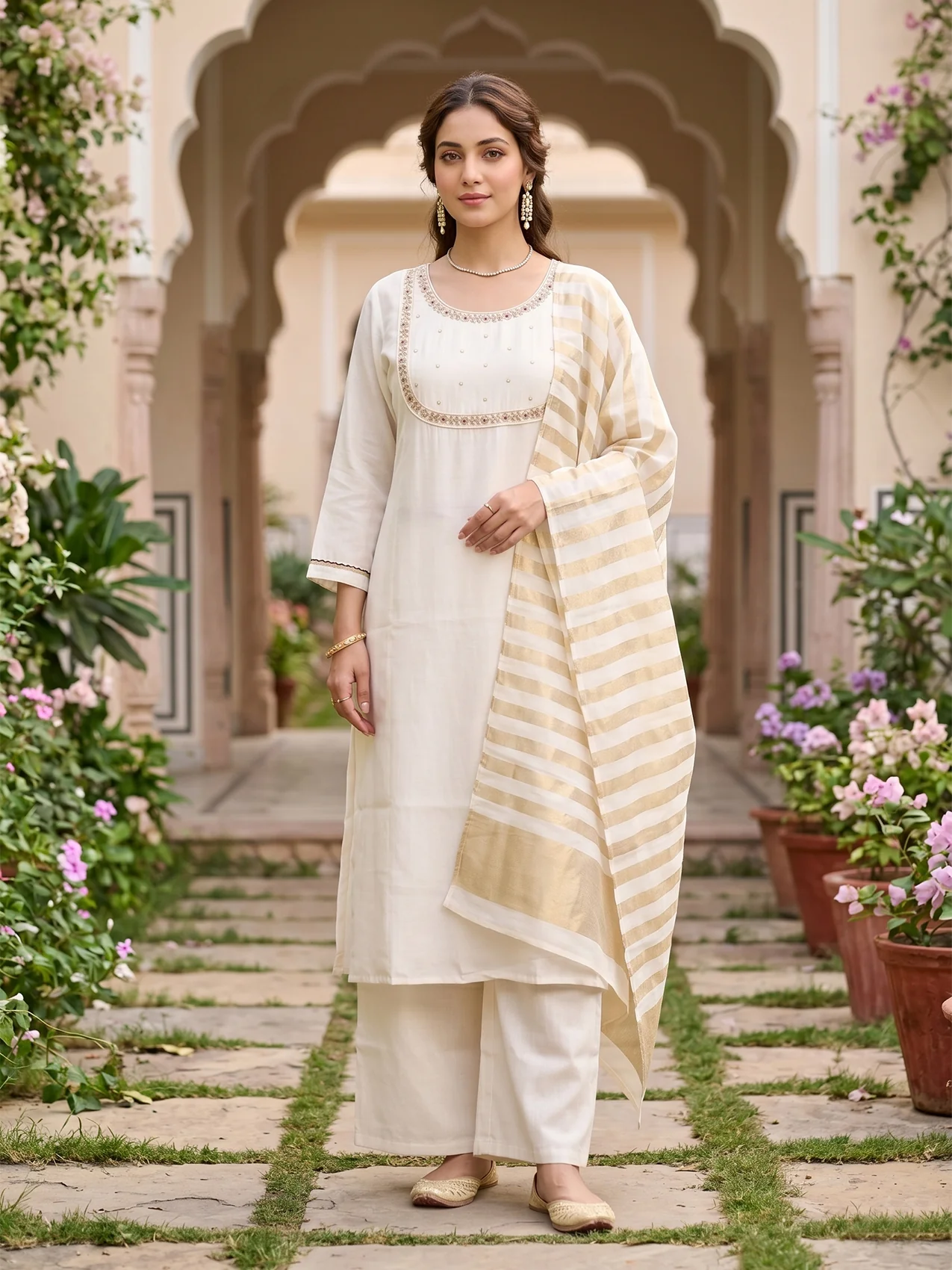 Off White Art Silk Cording A Line Kurta With Pant Regular And Dupatta